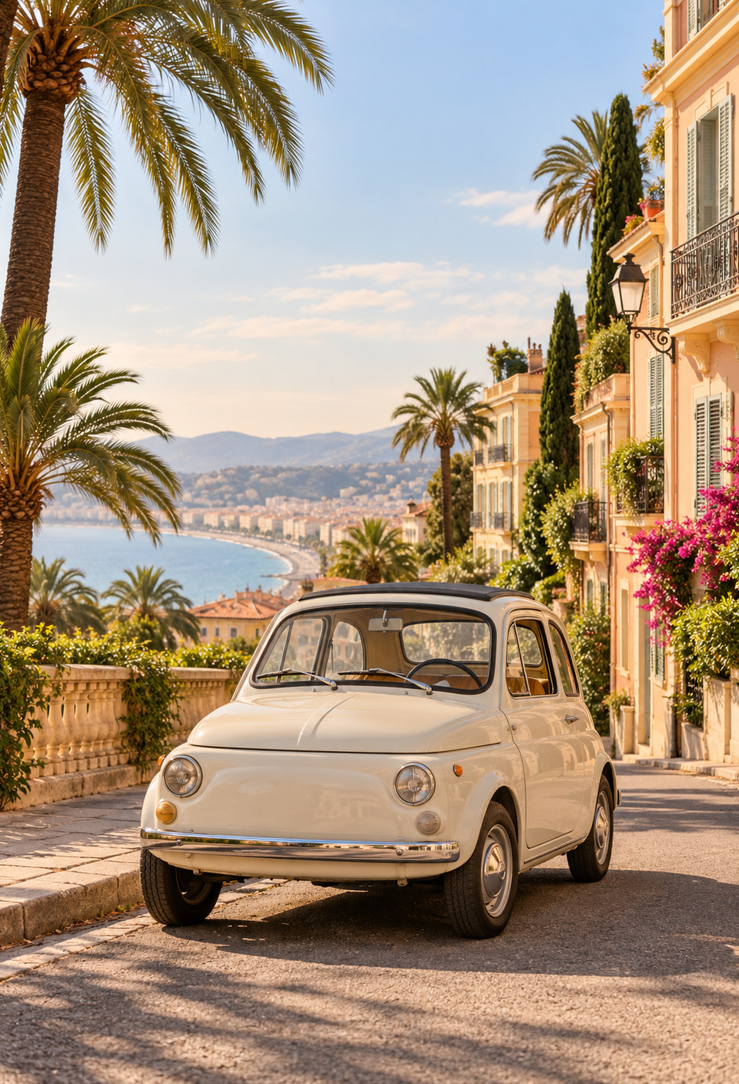 Petite voiture crème sur une rue de Nice face à la mer