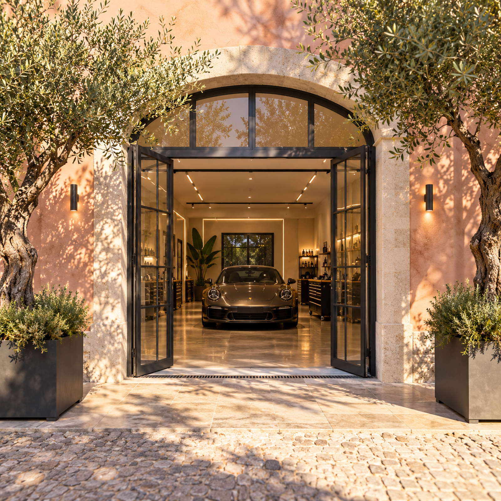 Entrée du studio Céravelle entre les oliviers